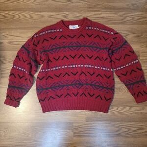 Red and Black Crewneck Sweater with Geometric Patterns